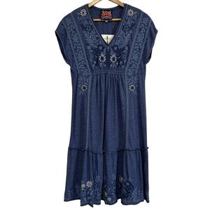 NEW Johnny Was Lei Lei Smocked Tier Dress Embroidered V-Neck Navy Blue Medium